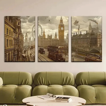 3pcs Vintage London-Inspired Steampunk City Metal Print Ready to Hang Art