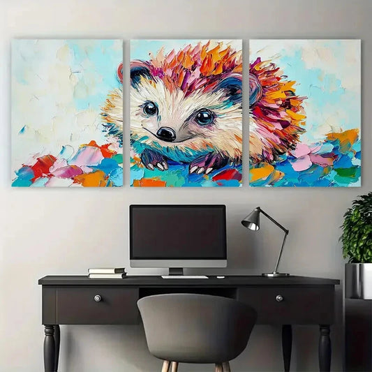 3pcs Cute Hedgehog Impasto Colorful Animal Metal Print Ready to Hang Art