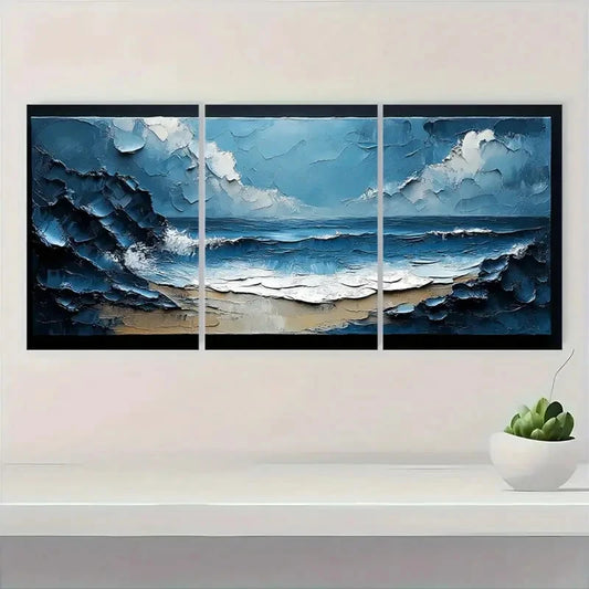 3pcs Abstract Ocean Waves Blue & Gray Textured Metal Print Ready to Hang Art