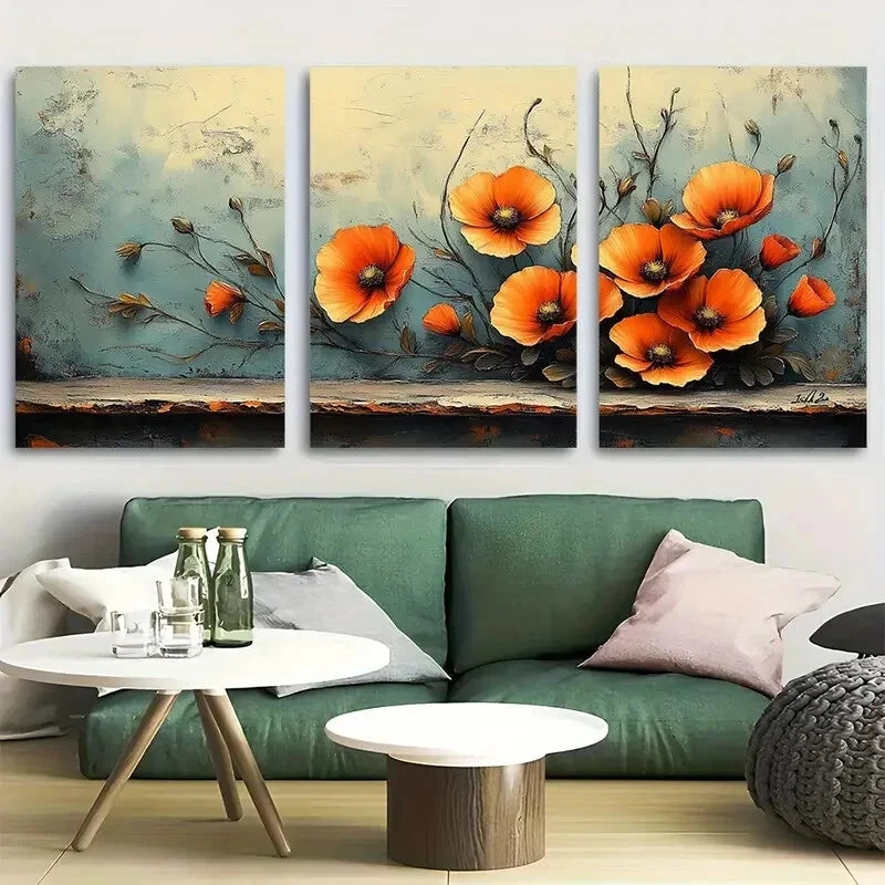 3pcs Vibrant Elegant Poppy Bouquet Metal Print Ready to Hang Art