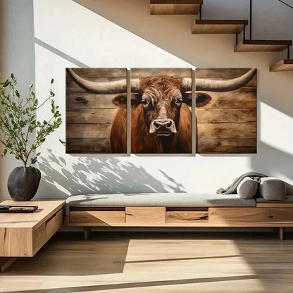 3pcs Vintage Rustic Texas Longhorn Cow Wall Art Set Canvas Framed 50x70cm - High Quality Print 100% Australian Made Wall Canvas Ready to Hang