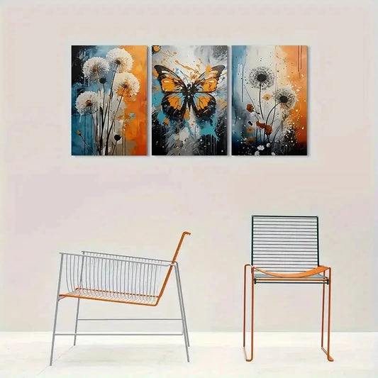 3pcs Abstract Butterfly & Dandelion Metal Print Ready to Hang Art
