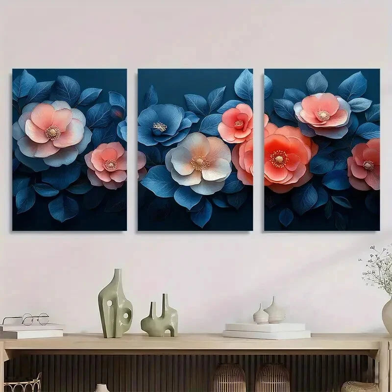 3pcs Vibrant Pink Blue & Orange Flowers Dark Blue Metal Print Ready to Hang Art