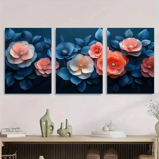 3pcs Vibrant Pink Blue & Orange Flowers Dark Blue Metal Print Ready to Hang Art