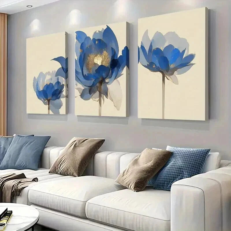 3pcs Vibrant Blue & White Lotus Flower Wall Art Set Canvas Framed 40x60cm - High Quality Print 100% Australian Made Wall Canvas Ready to Hang