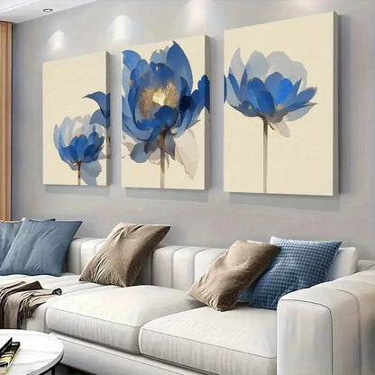 3pcs Vibrant Blue & White Lotus Flower Wall Art Set Canvas Framed 40x60cm - High Quality Print 100% Australian Made Wall Canvas Ready to Hang