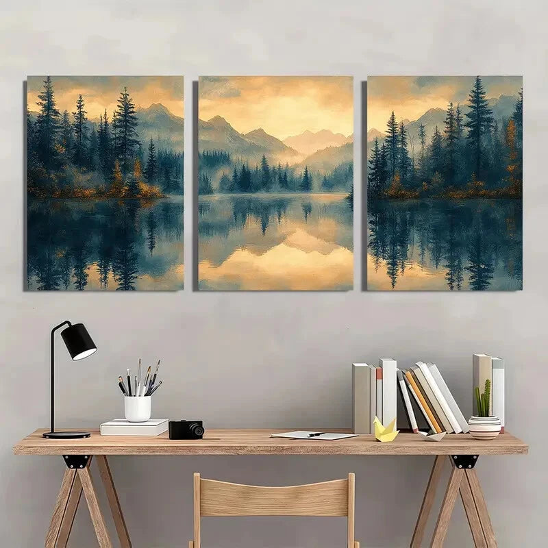 3pcs Misty Forest Reflection Landscape Metal Print Ready to Hang Art
