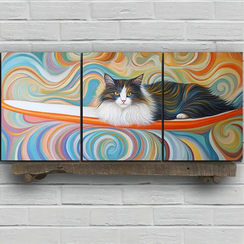 3pcs The Cat On The Surfboard Metal Print Ready to Hang Art