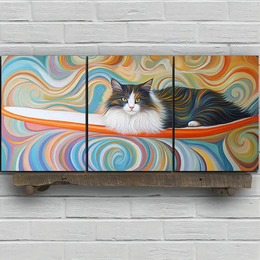 3pcs The Cat On The Surfboard Metal Print Ready to Hang Art
