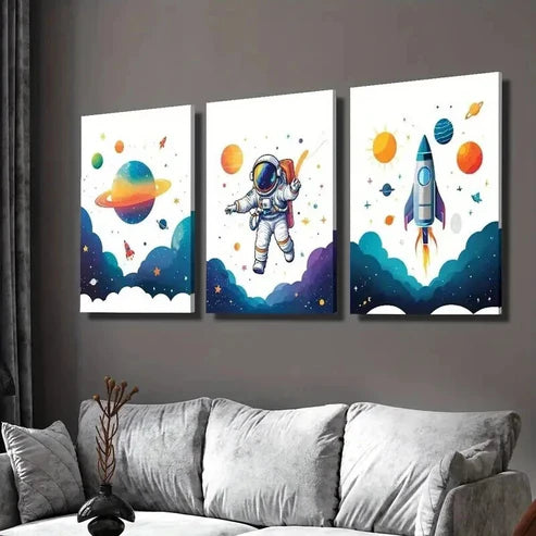 3pcs Cute Astronaut Traveling Planet & Rockets Wall Art Set Canvas Unframed - High Quality Print 100% Australian Made Wall Canvas