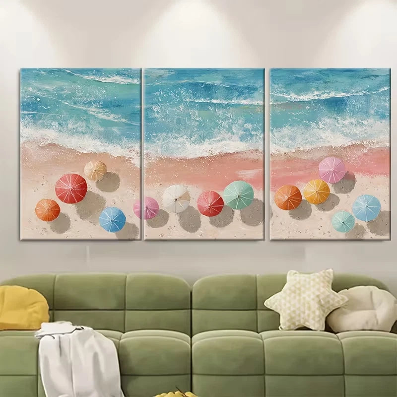 3pcs Aerial Beach View with Umbrellas Metal Print Ready to Hang Art