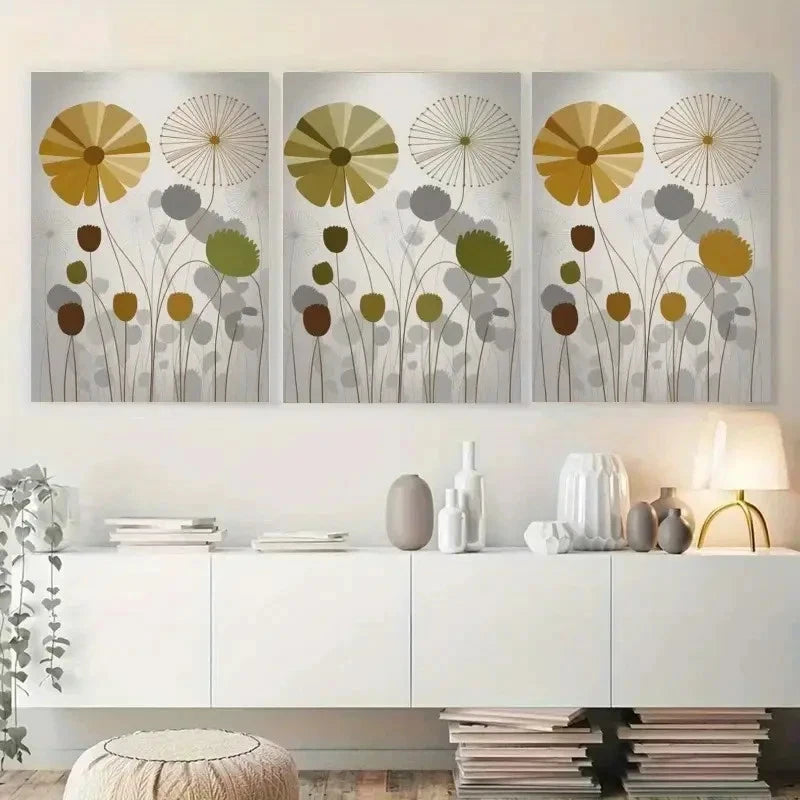 3pcs Golden Flowers Silhouette Stems Metal Print Ready to Hang Art