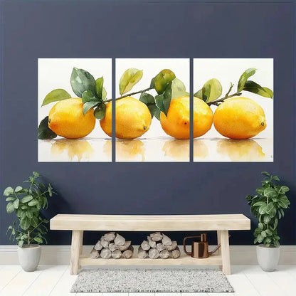3pcs Lemon On Tree Branch Watercolor Painting Metal Print Ready to Hang Art