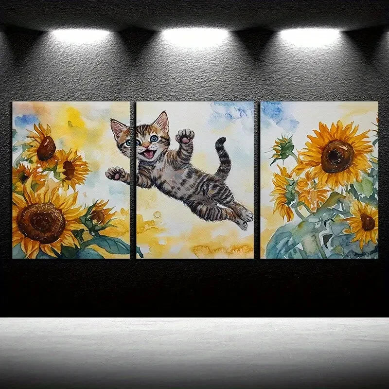 3pcs Cat Is Playing in The Sunflower Field Metal Print Ready to Hang Art
