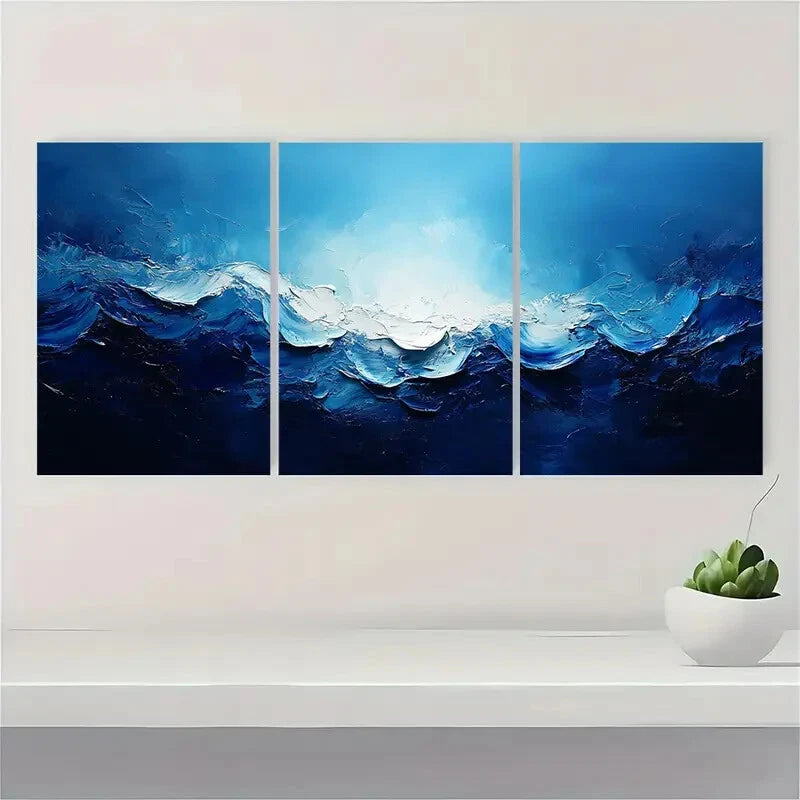 3pcs Blue and White Acrylic Abstract Painting Metal Print Ready to Hang Art