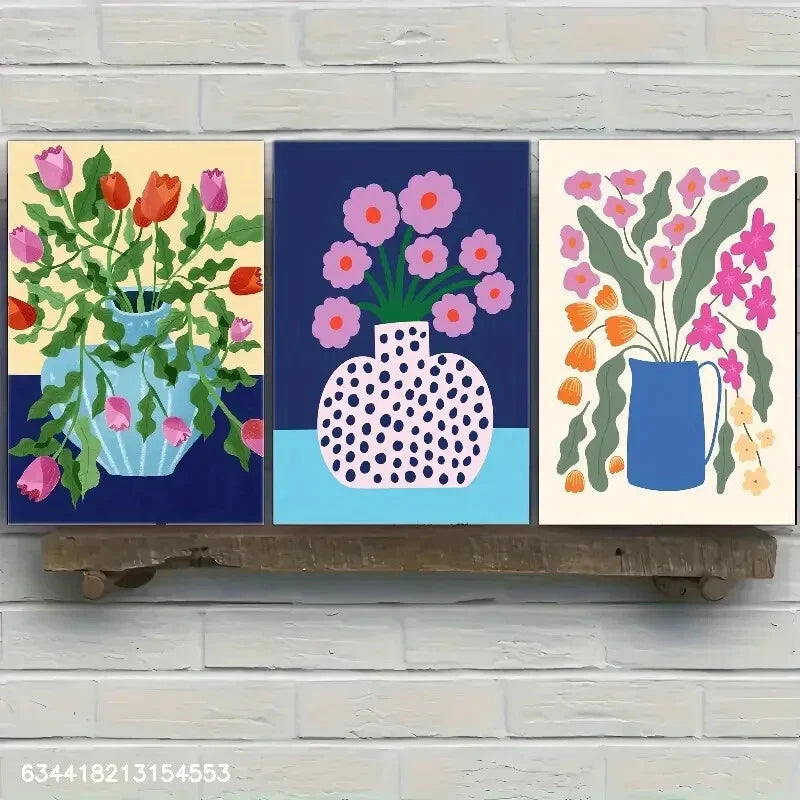 3pcs Vibrant Flower Vase with Pink Red Blooms Metal Print Ready to Hang Art
