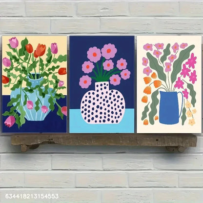 3pcs Vibrant Flower Vase with Pink Red Blooms Metal Print Ready to Hang Art