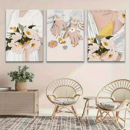 3pcs Woman in White Dress Elegant Floral Metal Print Ready to Hang Art