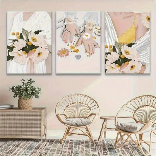 3pcs Woman in White Dress Elegant Floral Metal Print Ready to Hang Art