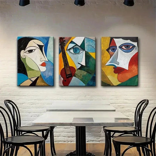 3pcs Vibrant Geometric Face Expressions Perfect Wall Art Set Canvas Framed 40x60cm - High Quality Print 100% Australian Made Wall Canvas Ready to Hang