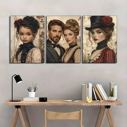 3pcs Victorian-Inspired Portrait Art Posters Metal Print Ready to Hang Art