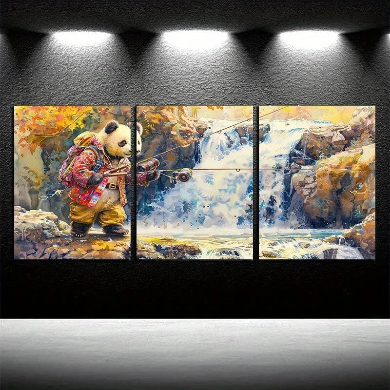 3pcs Whimsical Panda Fishing Metal Print Ready to Hang Art