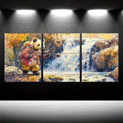 3pcs Whimsical Panda Fishing Metal Print Ready to Hang Art