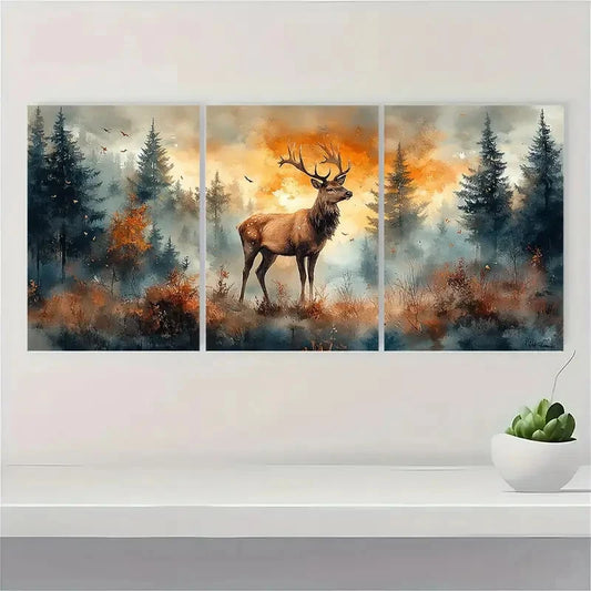 3pcs Autumn Woodland Scene with Majestic Deer Metal Print Ready to Hang Art