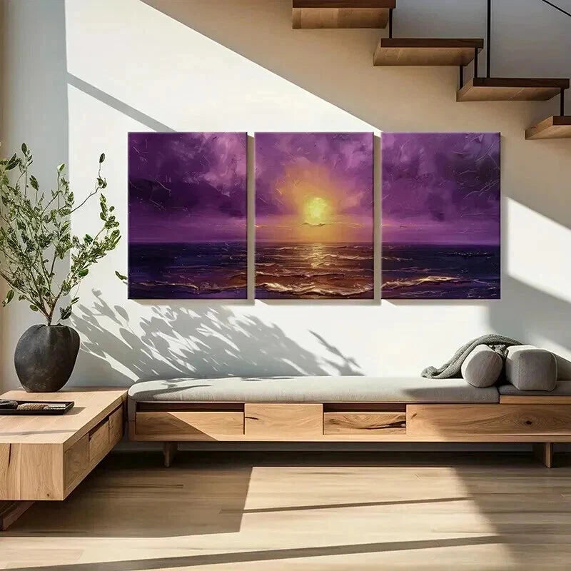 3pcs Sunset Over The Sea Purple Sky Golden Sun Wall Art Set Canvas Framed 60x90cm - High Quality Print 100% Australian Made Wall Canvas Ready to Hang