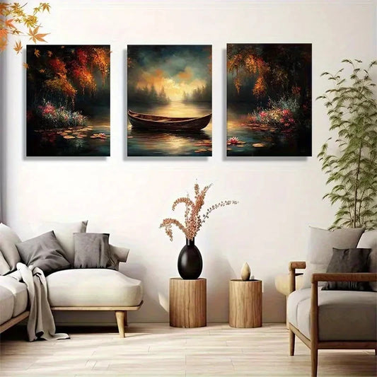 3pcs Vintage Autumn River Boat Sunset Scenery Metal Print Ready to Hang Art