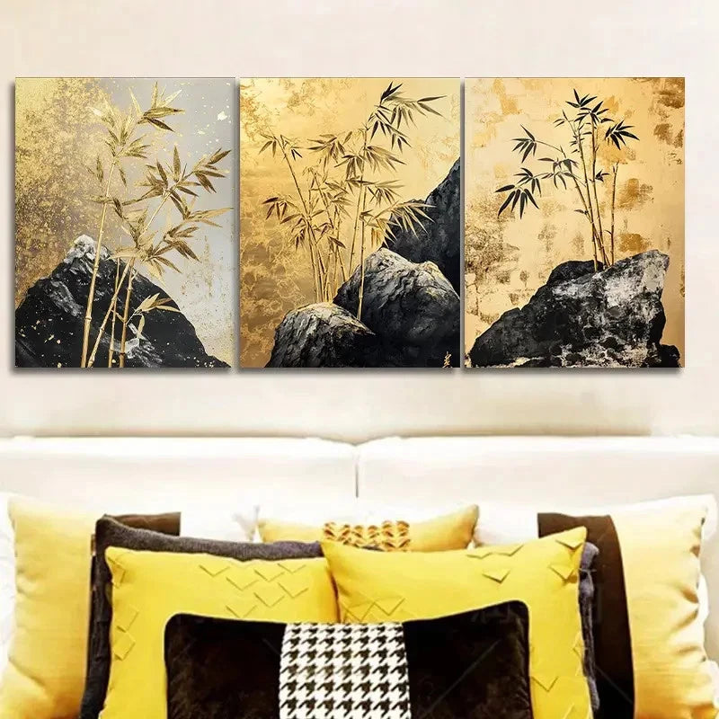 3pcs Golden Bamboo Triptych Painting Wall Art Set Canvas Framed 50x70cm - High Quality Print 100% Australian Made Wall Canvas Ready to Hang