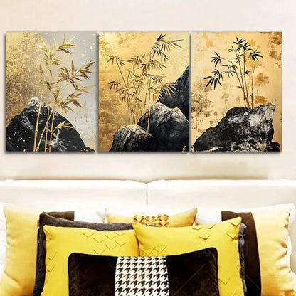3pcs Golden Bamboo Triptych Painting Wall Art Set Canvas Framed 50x70cm - High Quality Print 100% Australian Made Wall Canvas Ready to Hang