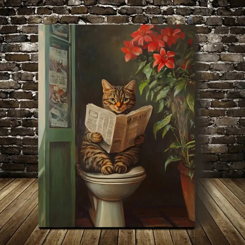 Whimsical Tabby Cat Reading Newspaper with Floral 40x60cm Metal Print Ready to Hang