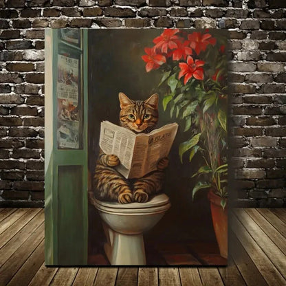 Whimsical Tabby Cat Reading Newspaper with Floral 40x60cm Metal Print Ready to Hang