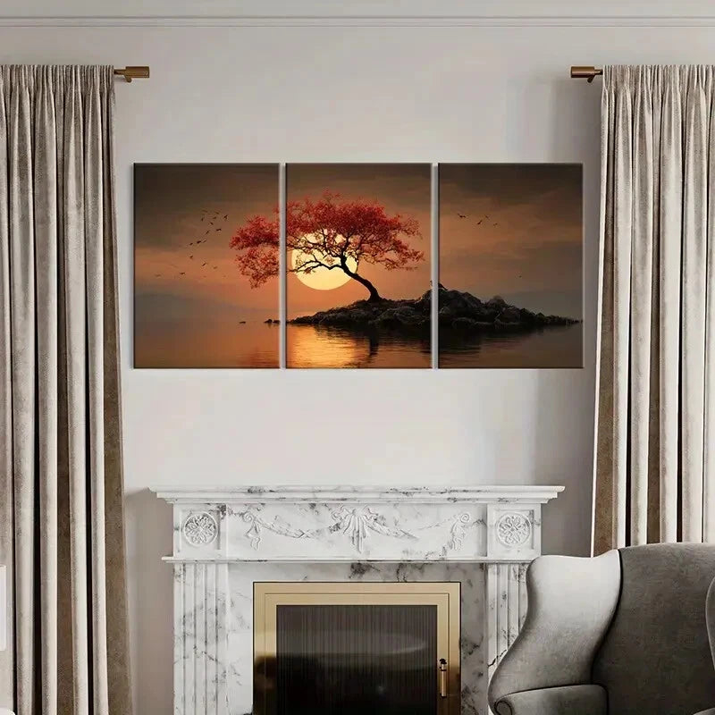 3pcs Sunset Tree Silhouette Red Leaves Tranquil Metal Print Ready to Hang Art