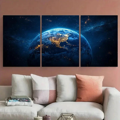 3pcs Illuminated Earth Planet Space Design Metal Print Ready to Hang Art
