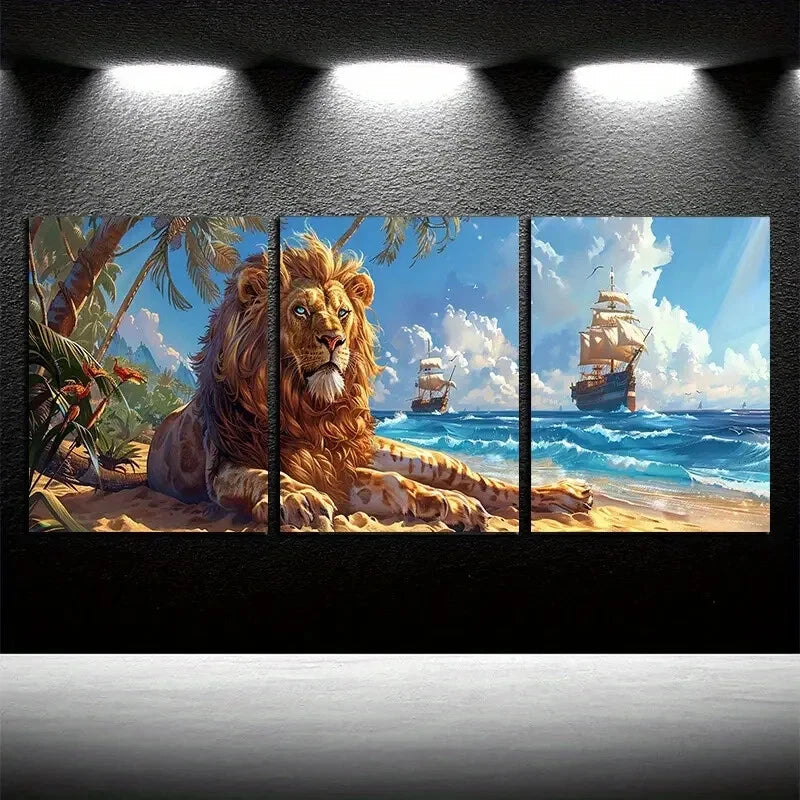 3pcs Lion and Ocean Cruise Ship Beach Scene Metal Print Ready to Hang Art