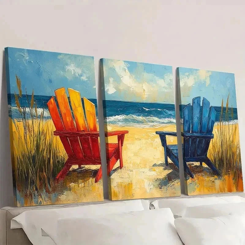 3pcs Abstract Vibrant Beach Chair i Wall Art Set Canvas Framed 60x90cm - High Quality Print 100% Australian Made Wall Canvas Ready to Hang