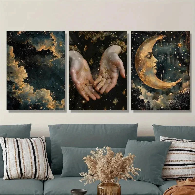 3pcs Abstract night, magic shine in hand, Metal Print Ready to Hang Art