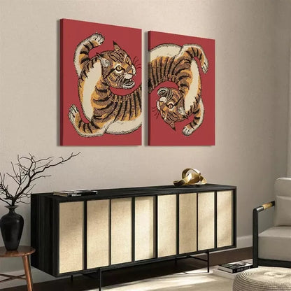 2pcs Decorative Painting, Tiger, Retro Painting Decoration Canvas Framed 50x75cm - High Quality Print 100% Australian Made Wall Canvas Ready to Hang