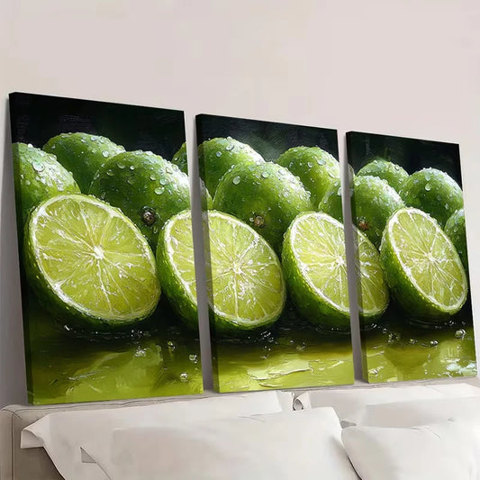 3pcs Green Lime Slices Oil Painting Artwork  Wall Art Set Canvas Framed 60x90cm - High Quality Print 100% Australian Made Wall Canvas Ready to Hang