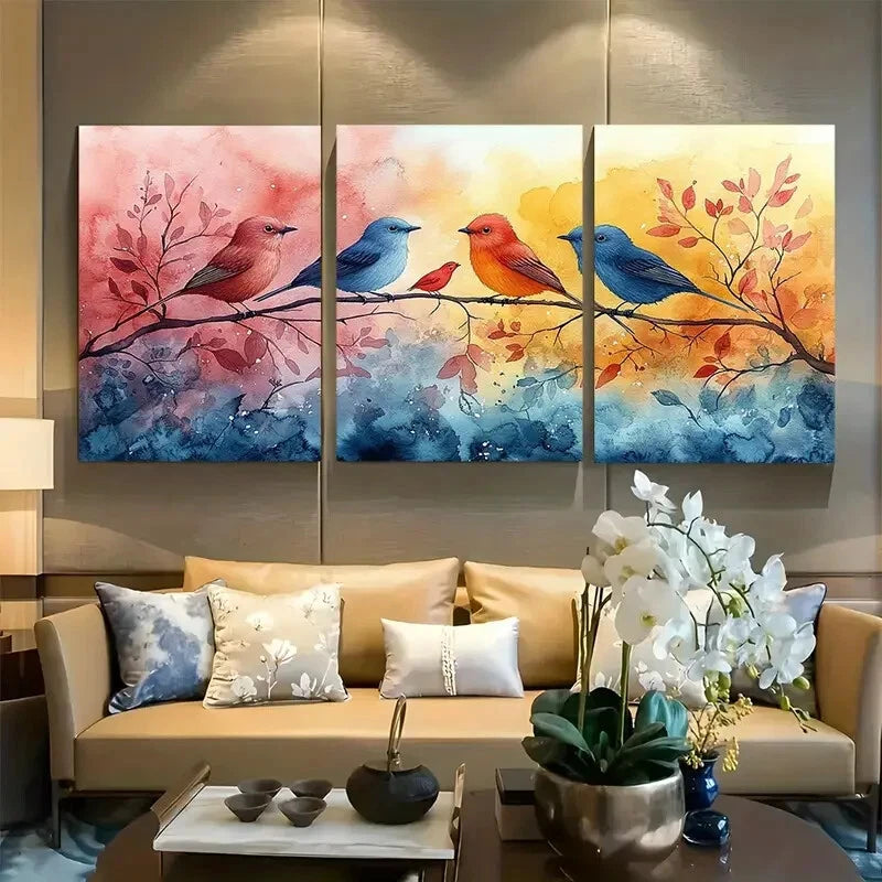 3pcs Vibrant Birds On A Tree Soft Watercolor Metal Print Ready to Hang Art