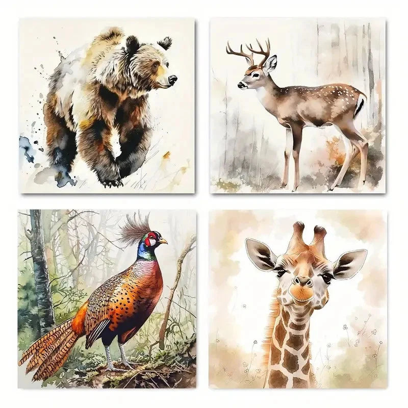 4pcs Moose Giraffe Bear Peacock Wall Art Canvas Framed