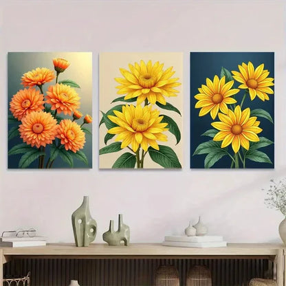 3pcs Vibrant Sunflower Orange Floral Dark Blue Wall Art Set Canvas Unframed - High Quality Print 100% Australian Made Wall Canvas