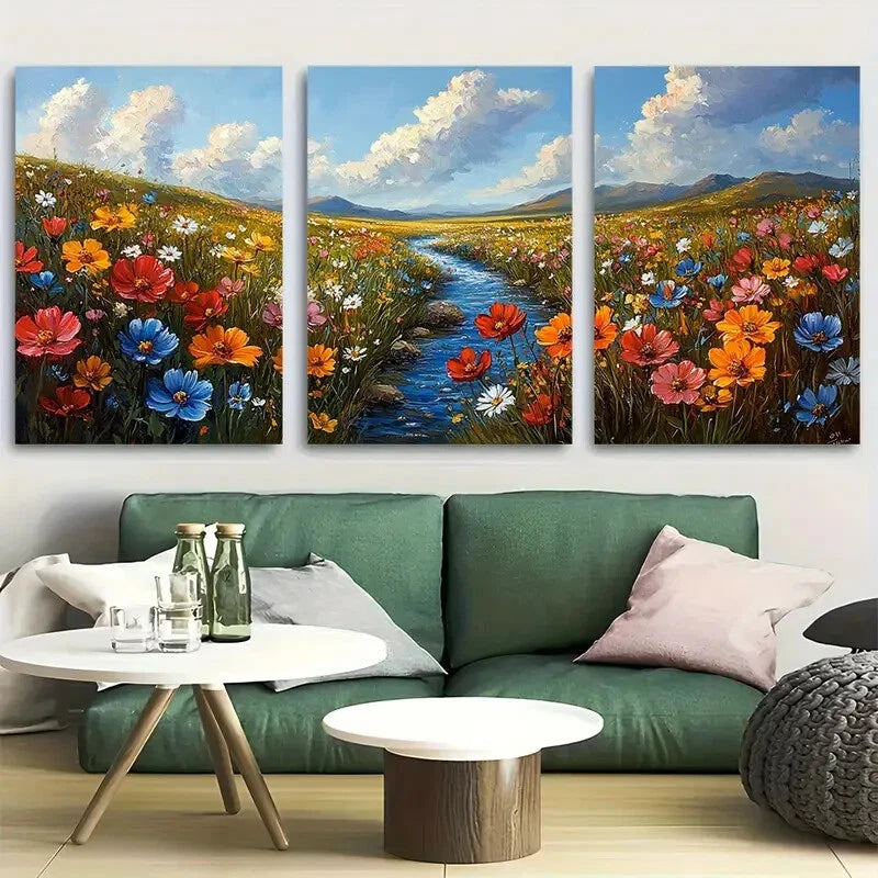 3pcs Colorful Spring Wildflower Stream Landscape Metal Print Ready to Hang Art
