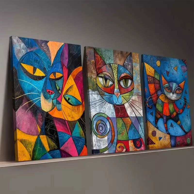 3pcs Multi Colored Abstract Fashion Cat Animal Wall Art Set Canvas Framed 50x70cm - High Quality Print 100% Australian Made Wall Canvas Ready to Hang - Bella Home Decor