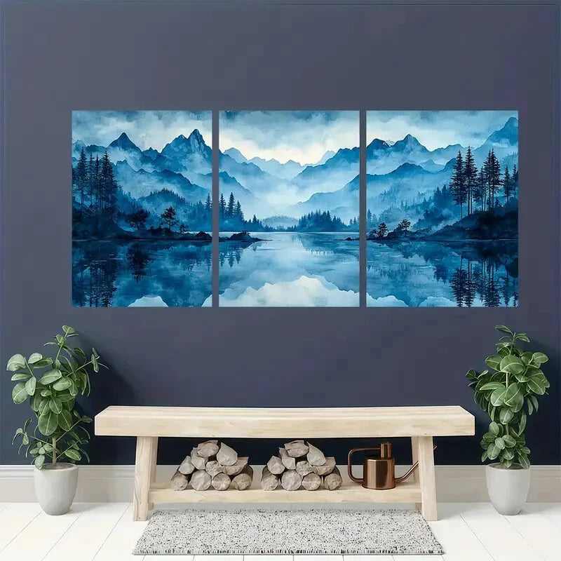 3pcs Abstract Blue & White Mountain Forest Metal Print Ready to Hang Art