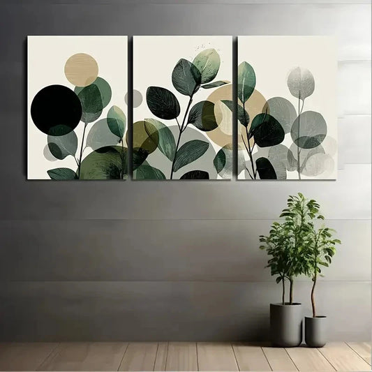 3pcs Green Leaves And Plants With Circles  Wall Art Set Canvas Framed 50x70cm - High Quality Print 100% Australian Made Wall Canvas Ready to Hang