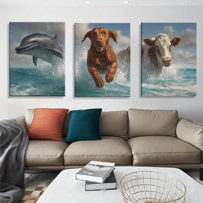 3pcs Dolphin Dog and Cow Jumping in Ocean Metal Print Ready to Hang Art
