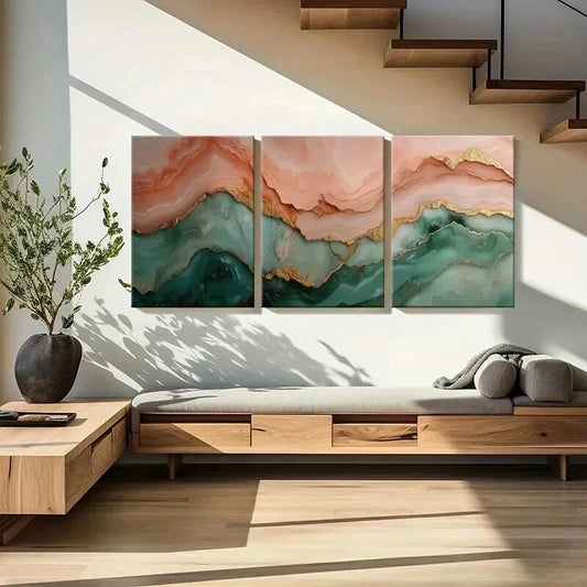 3pcs Teal and Pink with Golden Layered Abstract Wall Art Set Canvas Framed 50x70cm - High Quality Print 100% Australian Made Wall Canvas Ready to Hang